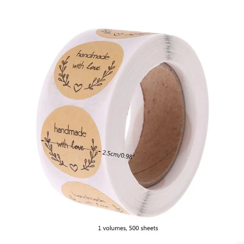 HX6D 500pcs Natural Handmade With Love Kraft Paper Stickers Round Adhesive Labels