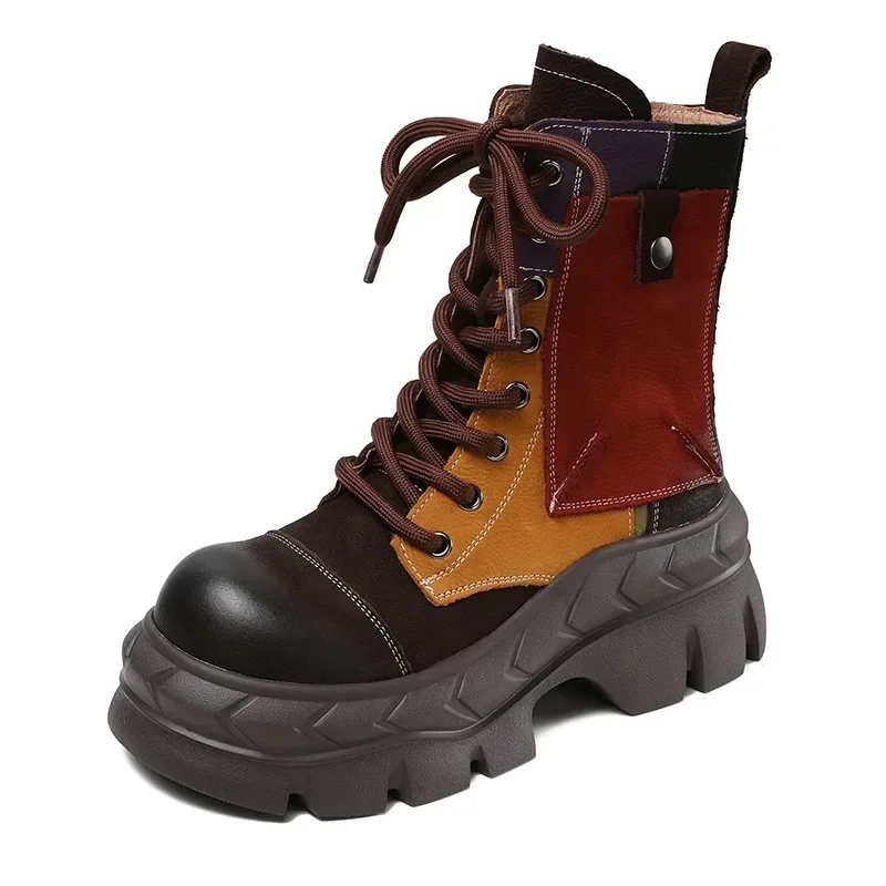 

2024 New Women Thick Heel Boots Winter Warm Genuine Leather Round Toe Platform Mixed Colors Retro Style Handmade Cotton Boots