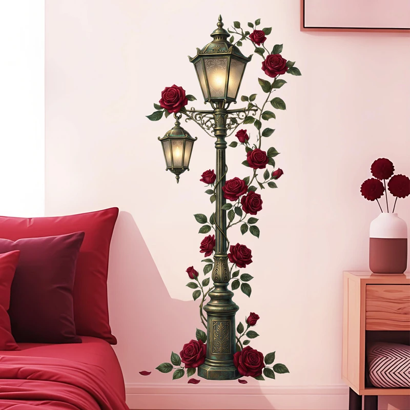 88CM Height Retro Copper Streetlight Mural for Home Decoration Aesthetic Rooms Rose Flowers Vine Vinyl Stickers on the Door Wall