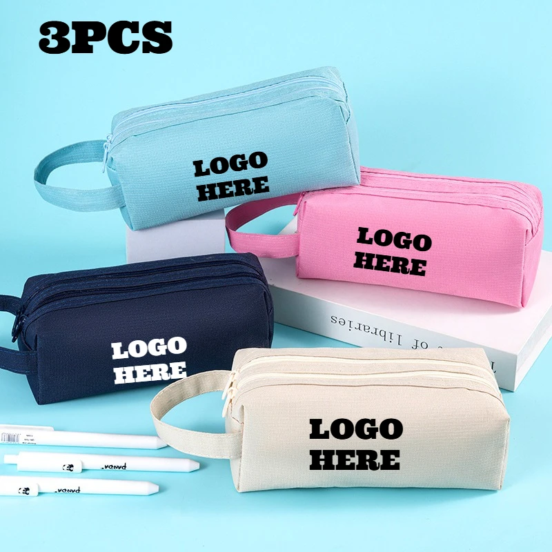 3PCS Custom Print Logo Solid Color Pencil Case Oxford Cloth Large Capacity Portable Pencil Pouch Double Zipper Cosmetic Bag