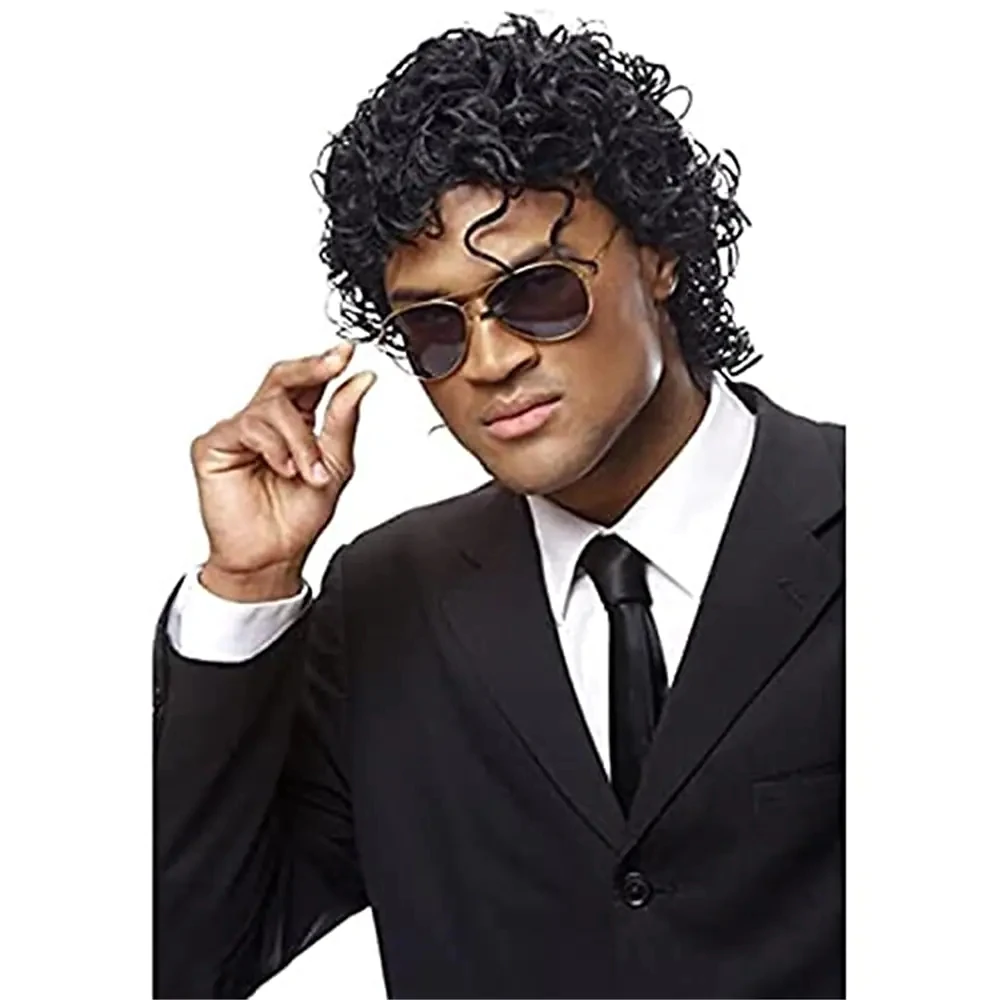 Short Curly Mens Wig Black Synthetic Rocker Wig California Halloween Costume Culture Wet Look Wig