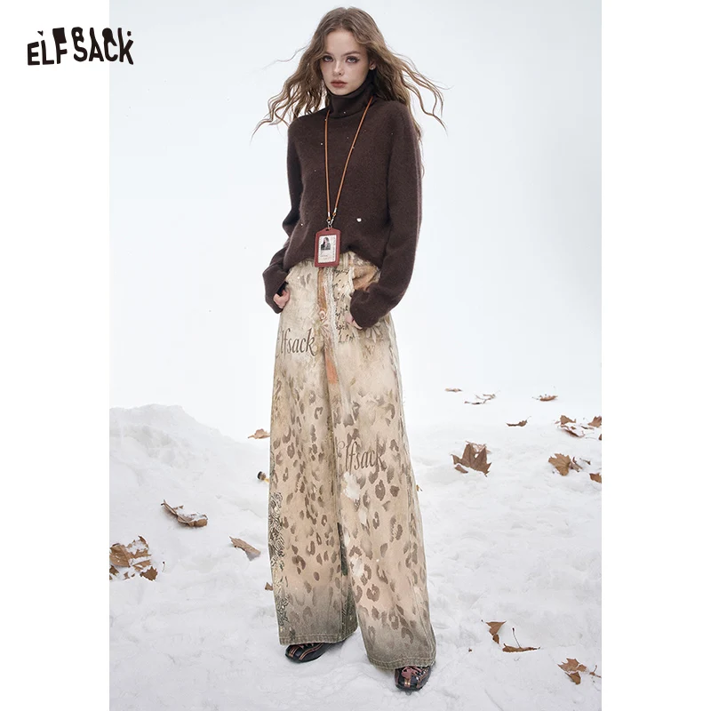 

ELFSACK 2025 Winter New Arrivals Y2K Vintage Loose Wide Leg Letter Tie Dye Graphic Ombre Color Floor Length Pants For Women