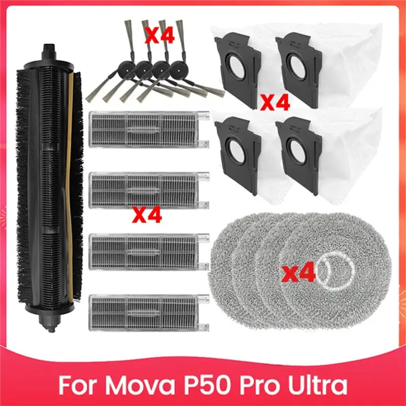 

Запасные части AUAU для Dreame Mova P50 Pro Ultra: основная и боковые щетки, HEPA-фильтр, салфетка для влажной уборки, мешок для сбора пыли, аксессуары для пылесоса.