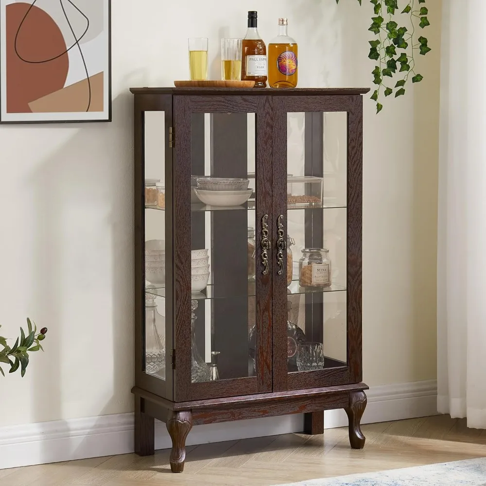 43-дюймовый стеклянный шкаф для сувениров с высокой подсветкой, регулируемыми полками и дверцами из закаленного стекла, деревянная витрина