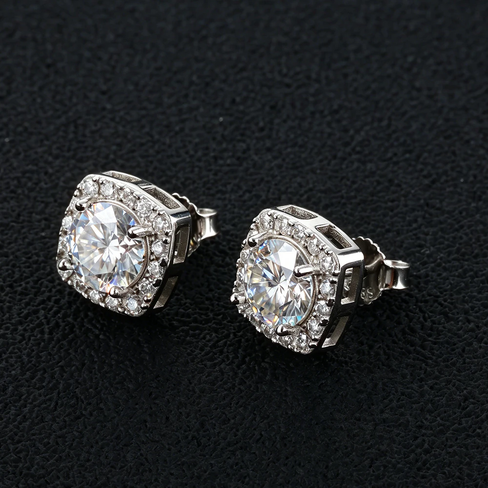VVS1 Round Moissanite Stud Earrings For Men Women Square Halo Dazzling Ear Studs 925 Sterling Silver Hip Hop Fine Jewelry Gift - view 2