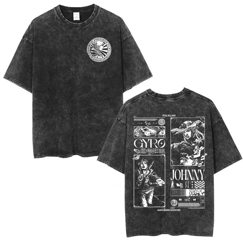 Customization Shirt Anime Jojo Bizarre Adventure STEEL BALL RUN Manga Vintage Acid Washed T Shirts Men Women Clothing Casual Sho