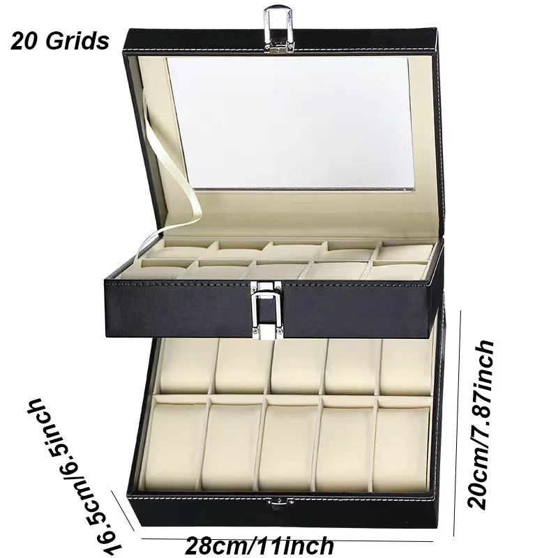 NONE DELESYS Klassischer Stil 2/3/4/5/6/8/10/12/20 Slots PU-Leder Uhrenvitrine Organizer Schmuck Aufbewahrungsbox mit Glasplatte 5