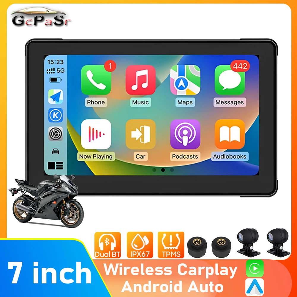 

7 inch Motorcycle Wireless CarPlay Android Auto Multimedia Player GPS Navigation Recorder IP67 Waterproof Screen Bluetooth