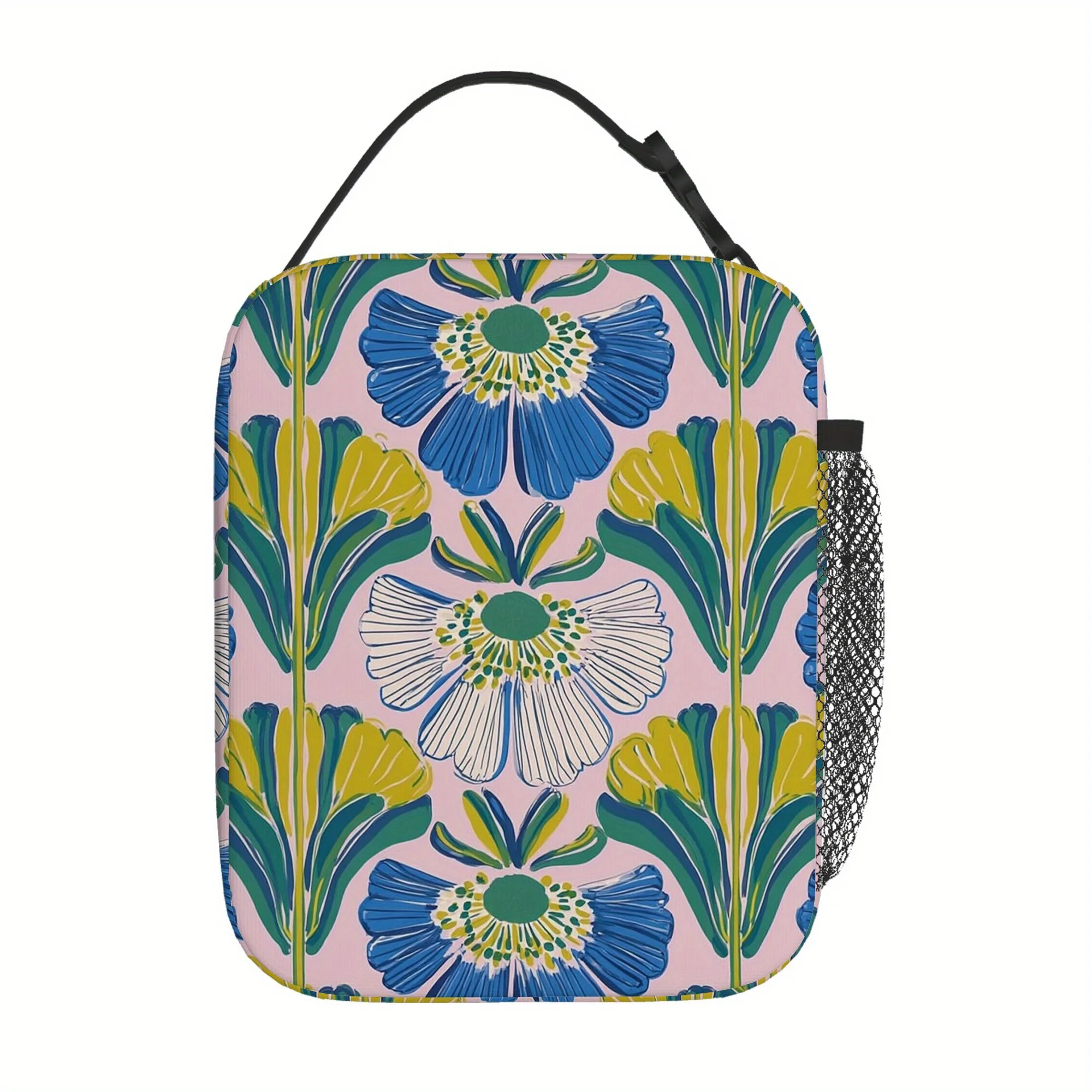 1pc Floral Pattern Thermal Insulated Bag - Blue, Yellow & Green with Pink Print, Reusable Portable Cooler for Home, Office, or R