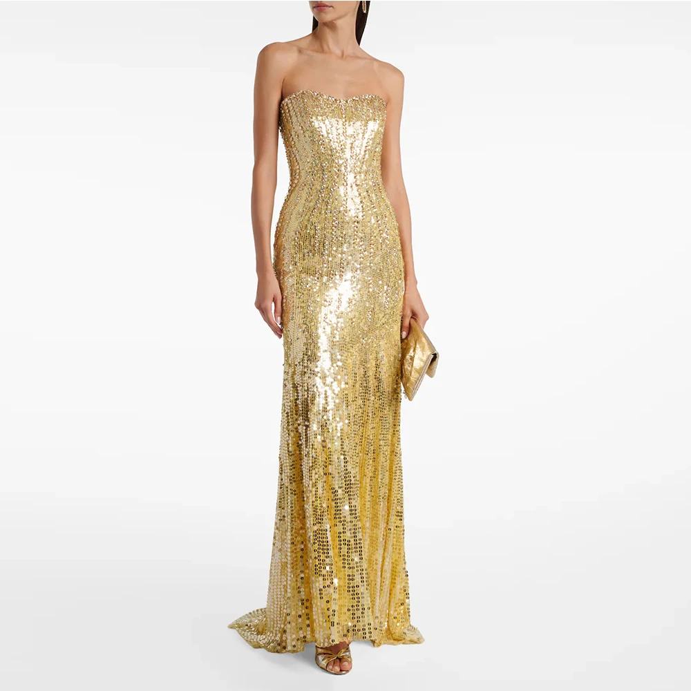 

Gliter Golden Sequin Strapless Evening Gown Mermaid Formal Party Dress Beading Saudi Dress Floor Length Sleevelss Prom Dress