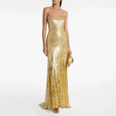 Gliter Golden Sequin Strapless Evening Gown Mermaid Formal Party Dress Beading Saudi Dress Floor Length Sleevelss Prom Dress
