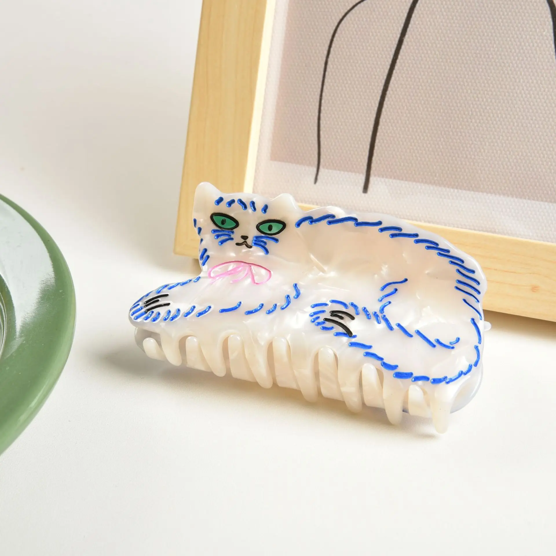 Muweordy White Persian Cat Hair Clip Cute Blue Curly Cat Crab Hair Clip Shark Clip for Girl Creative Hair Accessories for Women