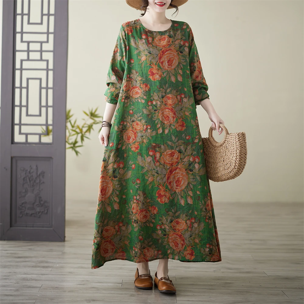 

Spring Summer Cotton Linen Loose Long Sleeve round Neck plus Size Dress Holiday Wear Comfortable Breathable A-Line Skirt
