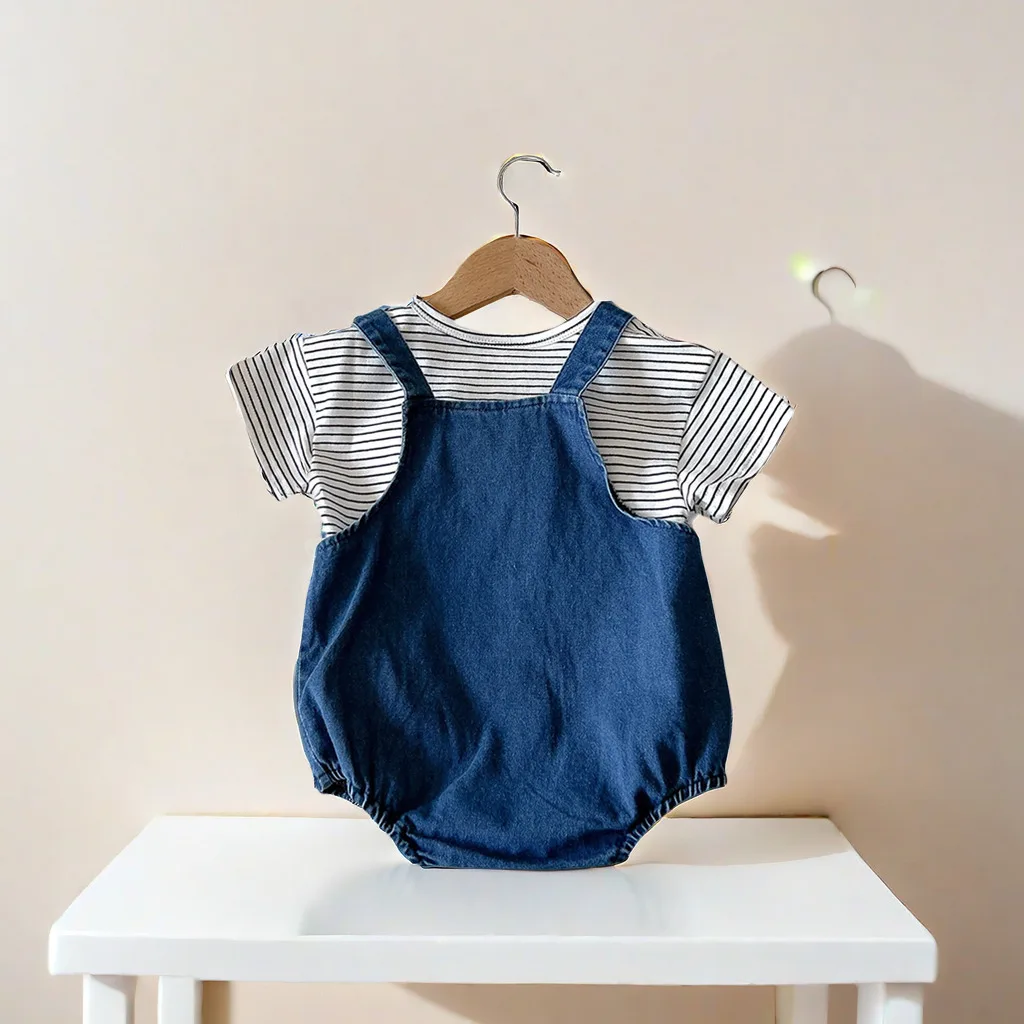 2024 Summer Denim Overall and Stripe T-shirt Kids Baby Suits for Newborns Babe Boys Girls Soft Denim Bib Pants OUtfits