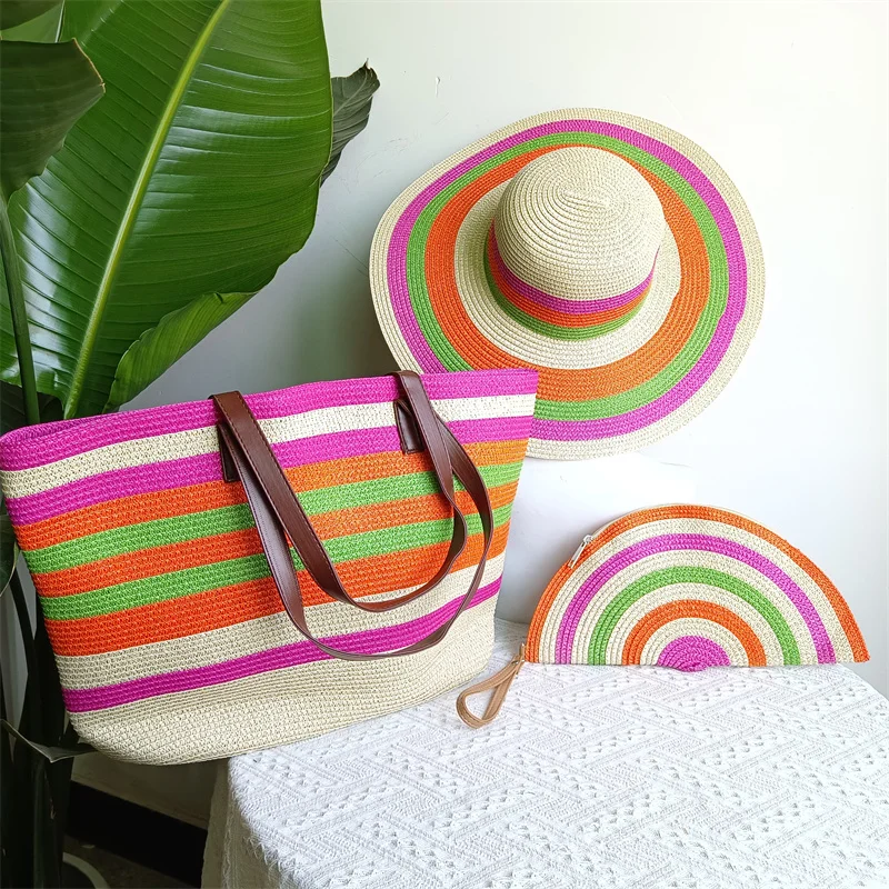 Large round neck yellow straw hat beach hat Women\'s hat New flat top straw hat Summer beach travel essential sun hat