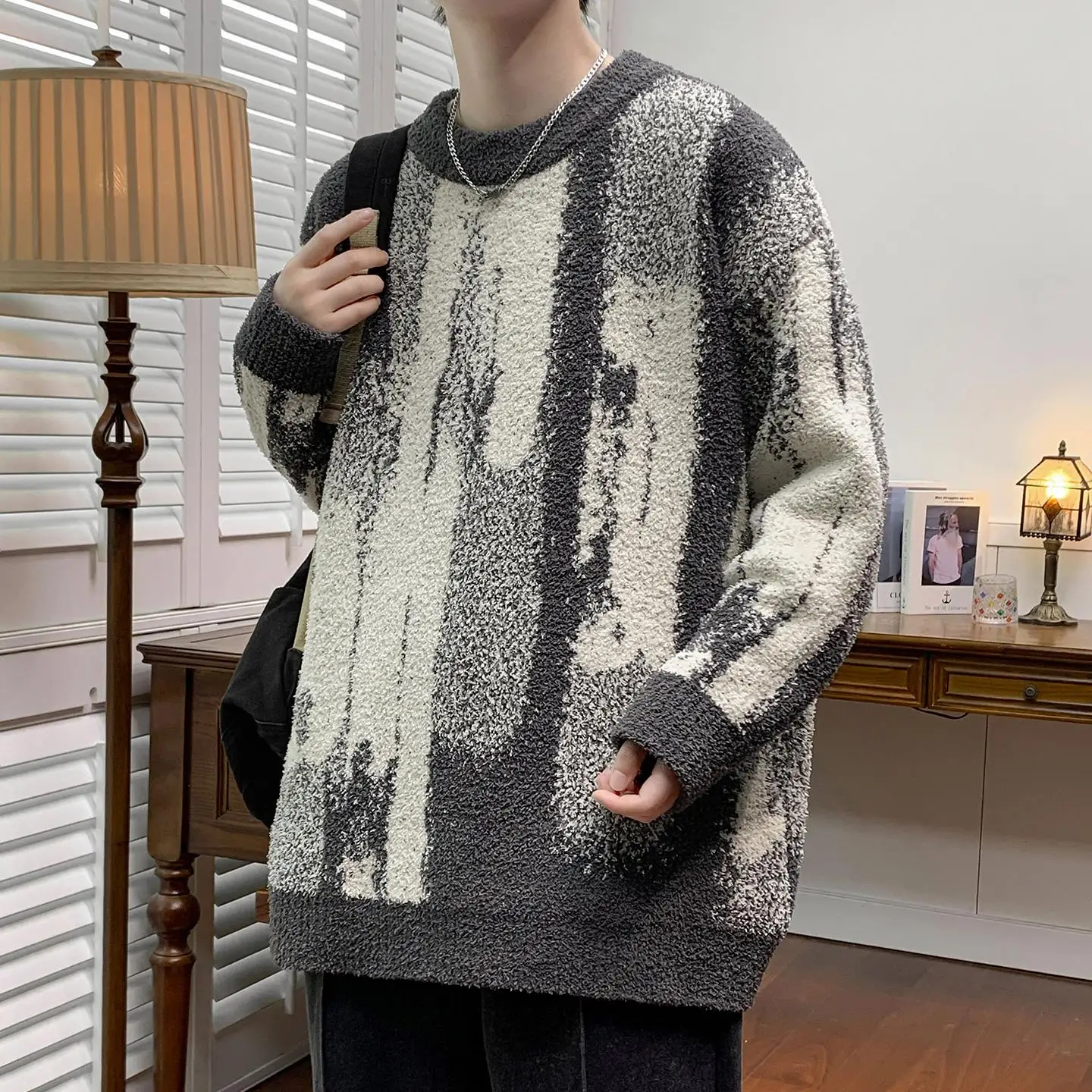 

Men's Autumn Winter Knitted Sweater Tie Dye Woolen Base irt Casual Loose Fit Long Sve round Ne Sweatirt for Youth