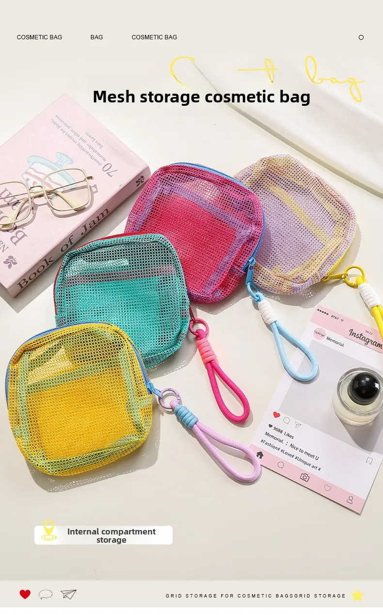 Netzbeutel in Dopamin-Farben, Tragbare Reise-Aufbewahrungstasche für Ladekabel und Toilettenartikel, Mini-Netz-Kosmetiktasche, Schlüsselbeutel, Kartenetui – Detail 1