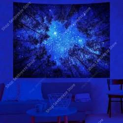 Starry Night Sky View From The Treetops UV Reactive Tapestry Psychedelic Art Mystic Hippie Room Decor Aesthetic Ceiling Decor