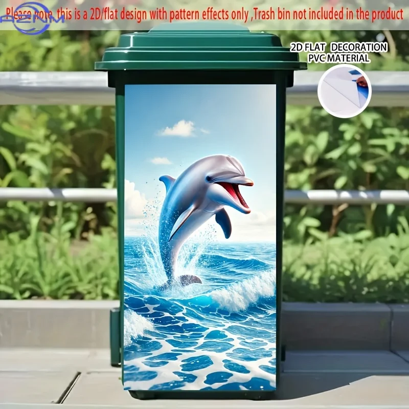 1pc 2D/FLAT Dolphin Leaping from Ocean Self-Adhesive Dustbin Stickers, Durable, Removable, PVC Decorative Stickers, Wheelie Bi