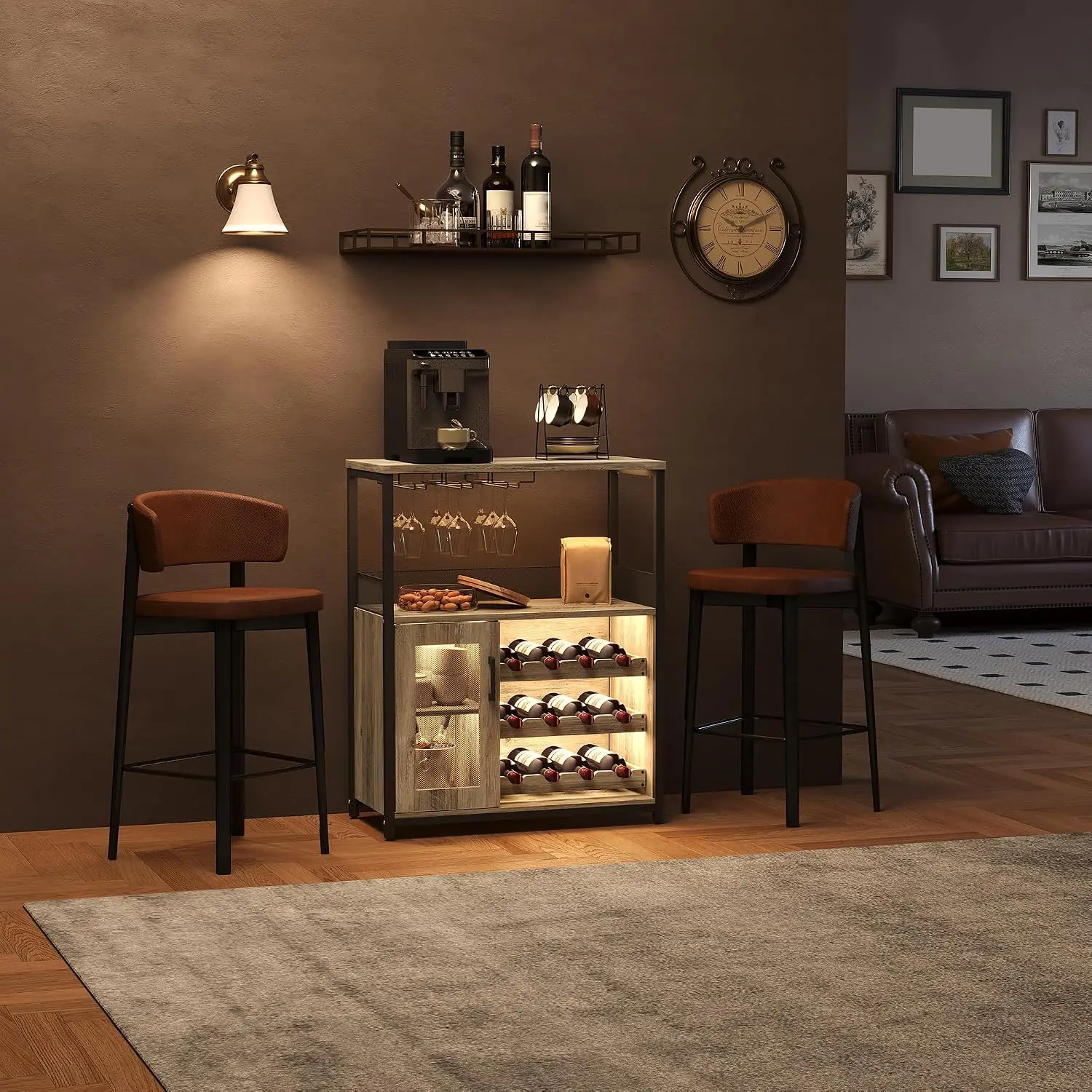 3-Tier Wine Bar Cabinet with Detachable Wine Rack and Drawer, LED Light,Industrial Sideboard and Buffet Cabinet, Customized