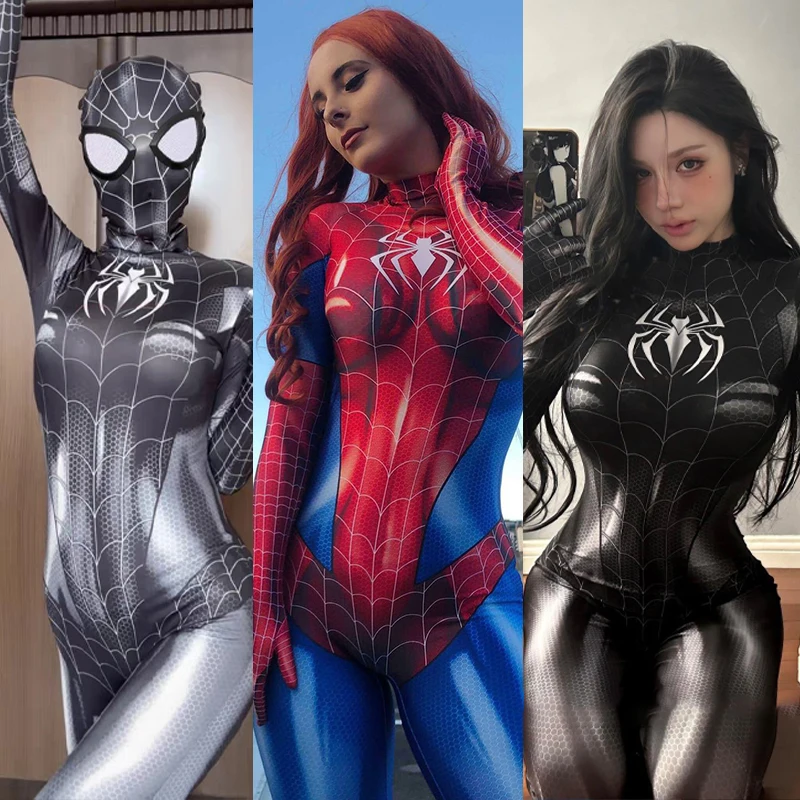 Sexy Black Cat Superhero Cosplay Costume For Spider Women Halloween Costume Christmas Tight 3d Printing Jumpuit Bodysuit Girls