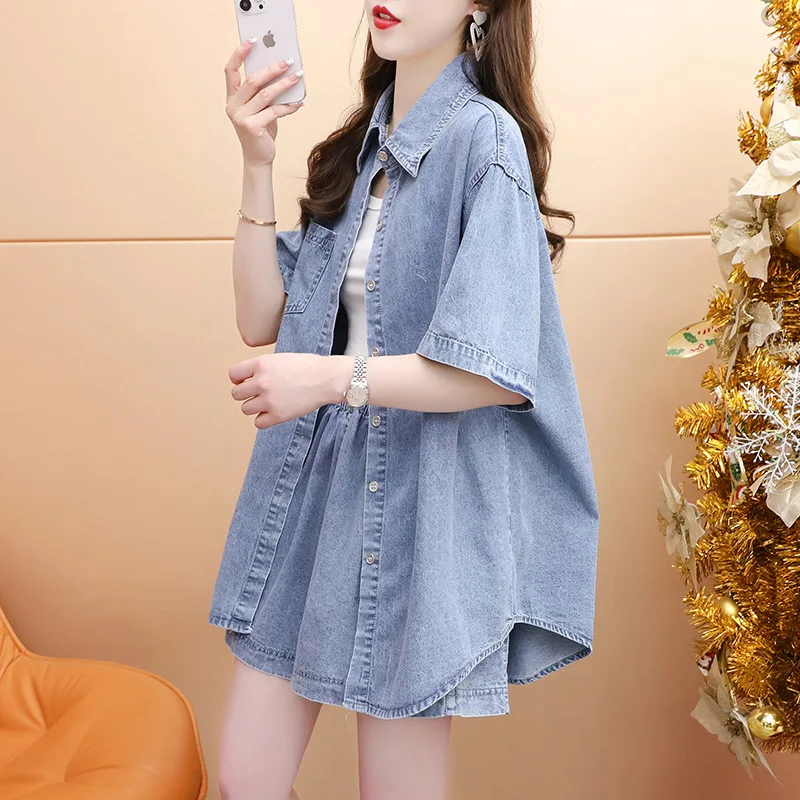 

Женский комплект в трансграничном и пряном стиле в Юго-Восточной Азии в стиле ретро, тонкая модная свободная джинсовая рубашка и шорты, комплект из двух предметов f