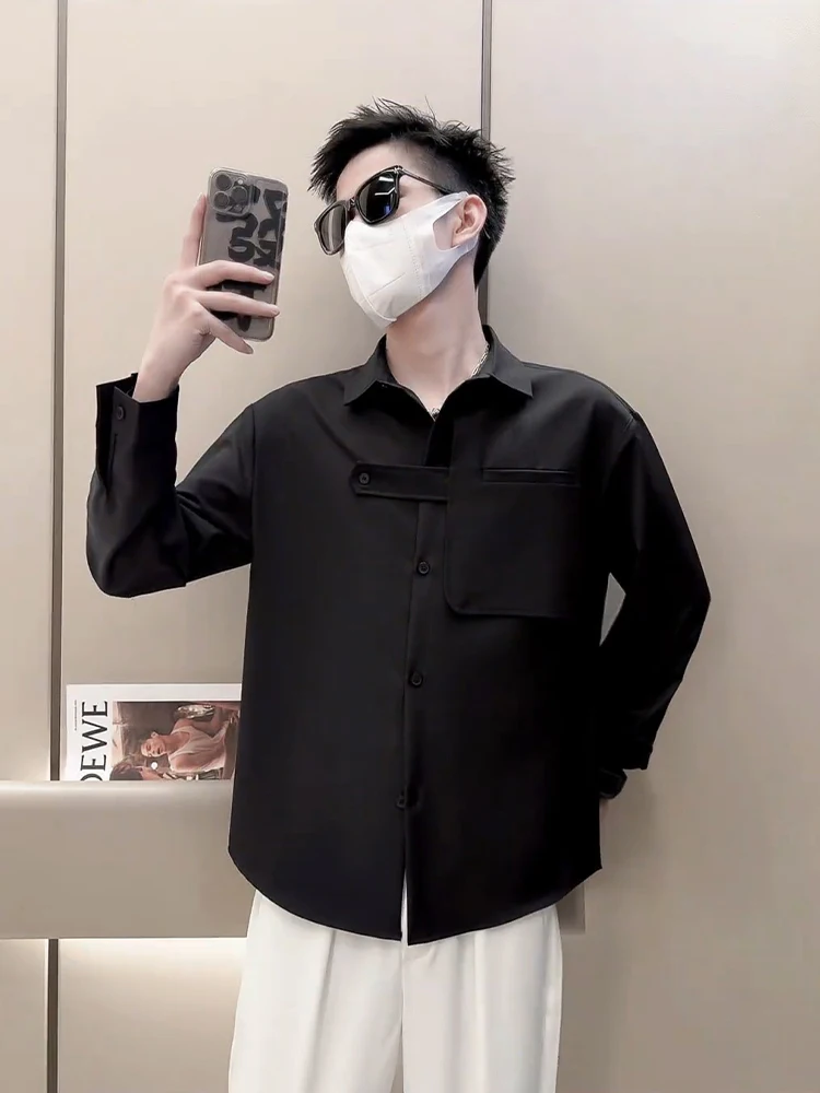 

Korean Sle Early Autumn Men's Bla Long Sve irt Office Casual Faion Lightweight Mature Design Asymmetrical Splicing