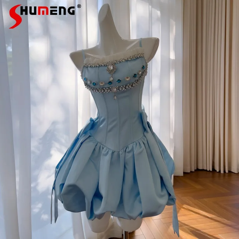 

French Style Light Luxury Birthday Party Temperament, Age Reducing Blue Suspender Strapless Rhinestone Bow Dress, Fluffy Dress