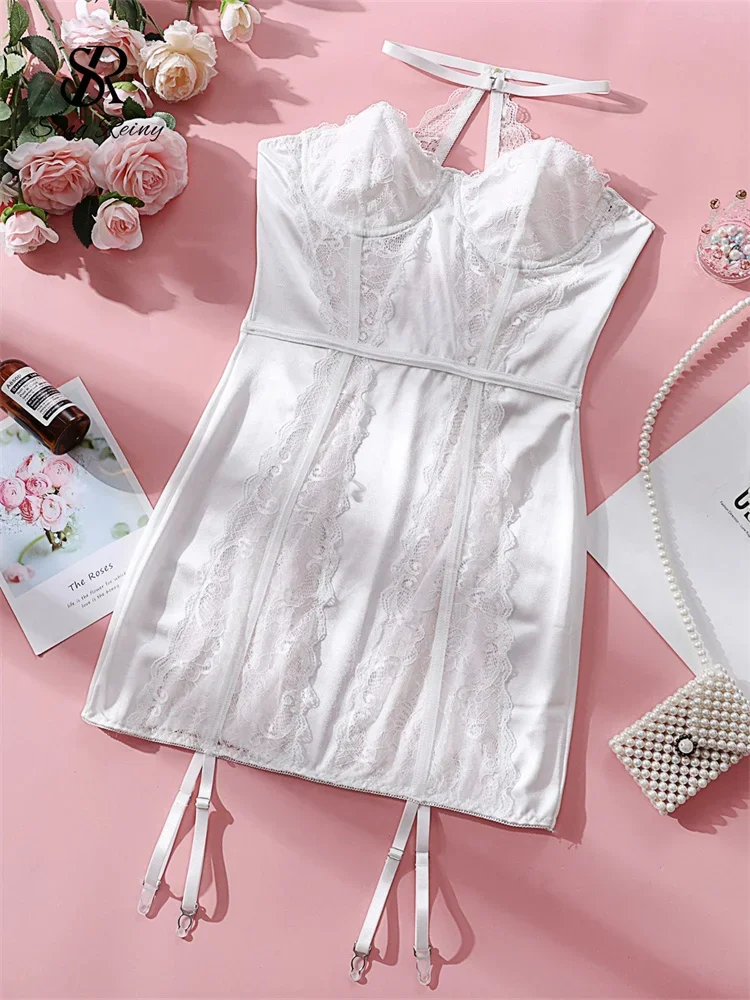 

SINGREINY Lace Spliced Sensual Night Dress Solid Strapless Backless Erotic Nightwear Women Club Sexy Halter Lingerie Pajamas