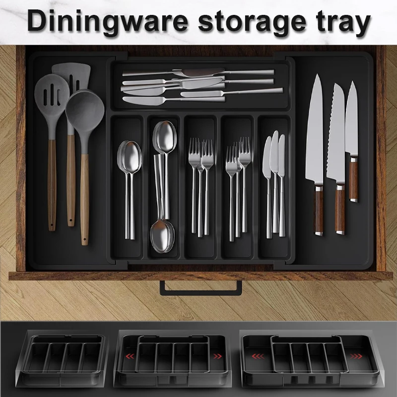

Grey Expandable Silverware Drawer Organizer Adjustable Kitchen Utensil Tray with Knife Holder Cutlery Divider Storage Box Rack