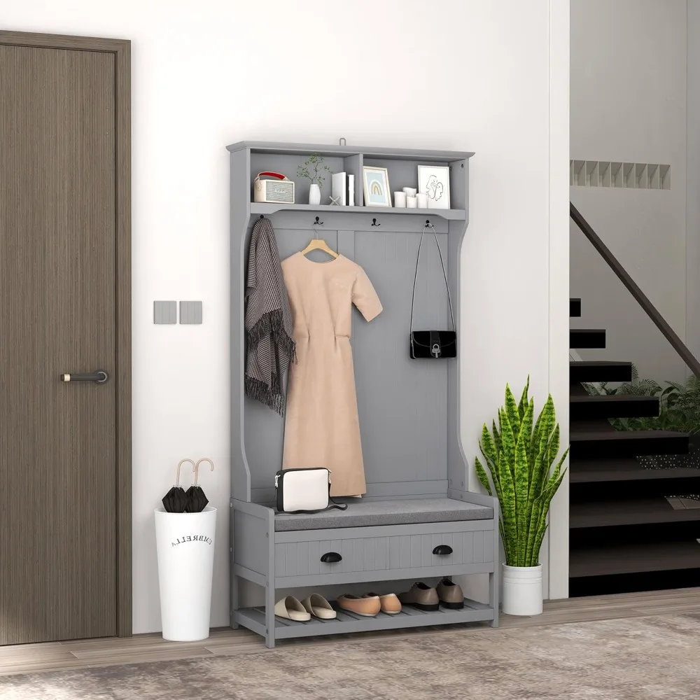 3-in-1 Hall Tree, Entryway Bench with Coat Rack, Mudroom Bench with Shoe Rack, 2 Storage Drawers, 4 Hooks and Padded Seat