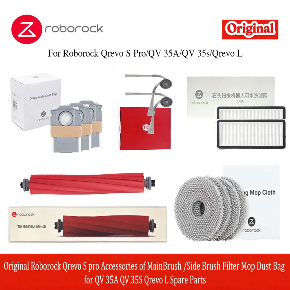 Original Roborock Qrevo S Pro Accessories of Main Brush / Side Brush Filter Mop Dust Bag for QV 35A/QV 35S/Qrevo L Spare Parts
