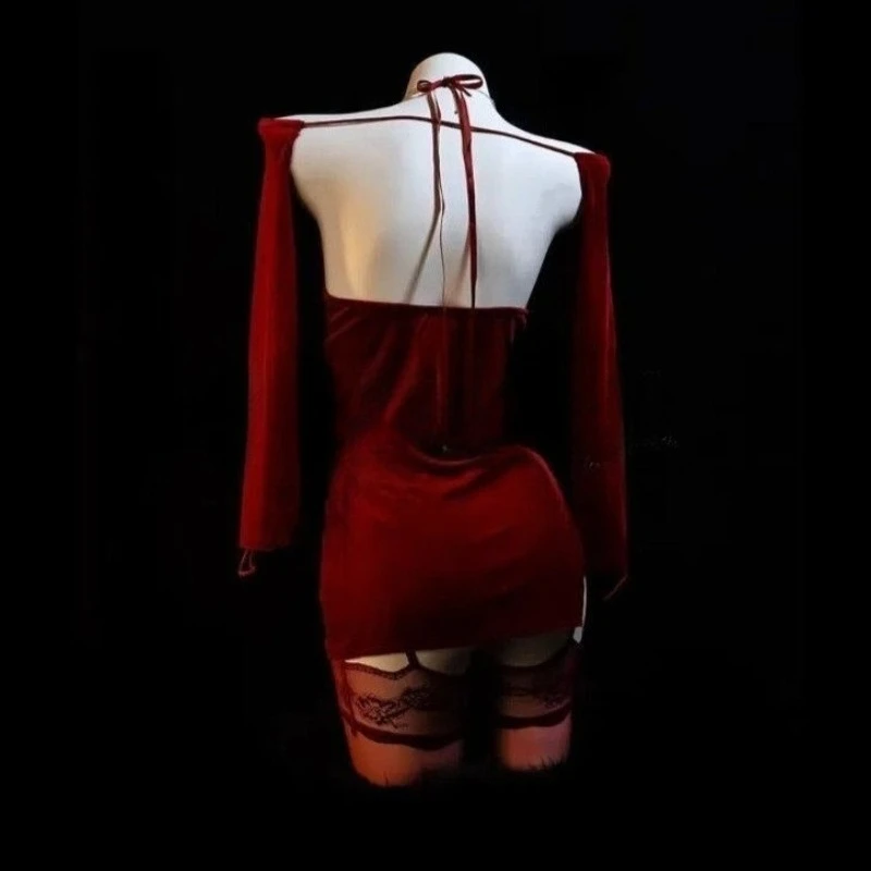 Sexy Rose Red Dress Women High Slit Velvet Nightdress Goddess Cosplay Costume Bodycon Nightdress Backless See Through Underwear view 3