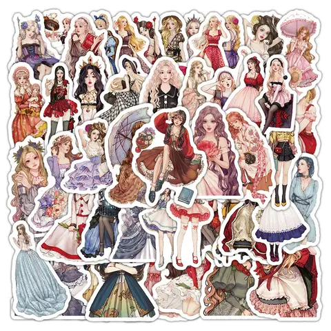 50PCS 만화 귀여운 공주 드레스 소녀 낙서 스티커 휴대 전화 노트북 노트북 일기 데칼 데칼 어린이 소녀 보상 스티커