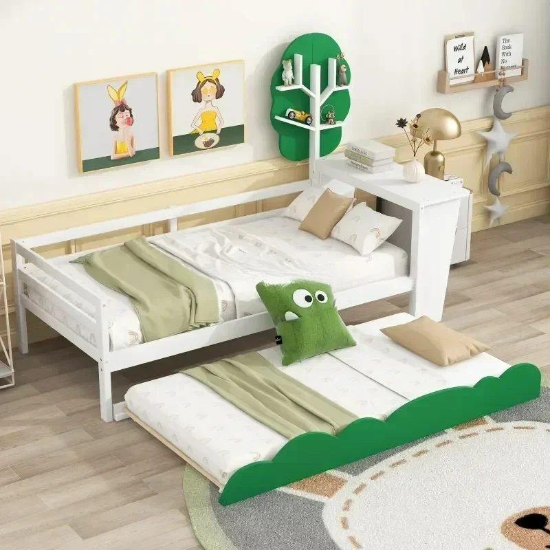 White Twin Size Daybed With Desk, Green Tree Shape Shelves And Trundle, For Indoor Bedroom Furniture