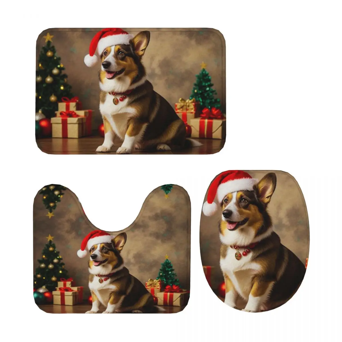 

Cardigan Welsh Corgi Dog Christmas 3 Piece Bath Mat Bathroom Set Toilet Lid Cover Home Decor Non-Slip Carpet Floor Rug