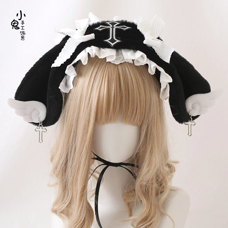 Kawaii opaska z uszami anioła koronkowa kokardka opaska na głowę Lolita wesele Cosplay pokojówka nakrycie głowy kobiety dziewczęta Anime akcesoria do włosów