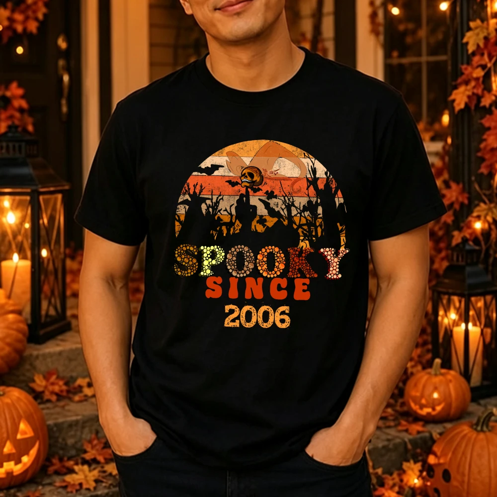 Funny 20th Spooky Since 2006 Halloween Birthday T Shirt Men Women Vintage Skull Bat Forest Cotton Short Sleeve Unisex Casual Tee