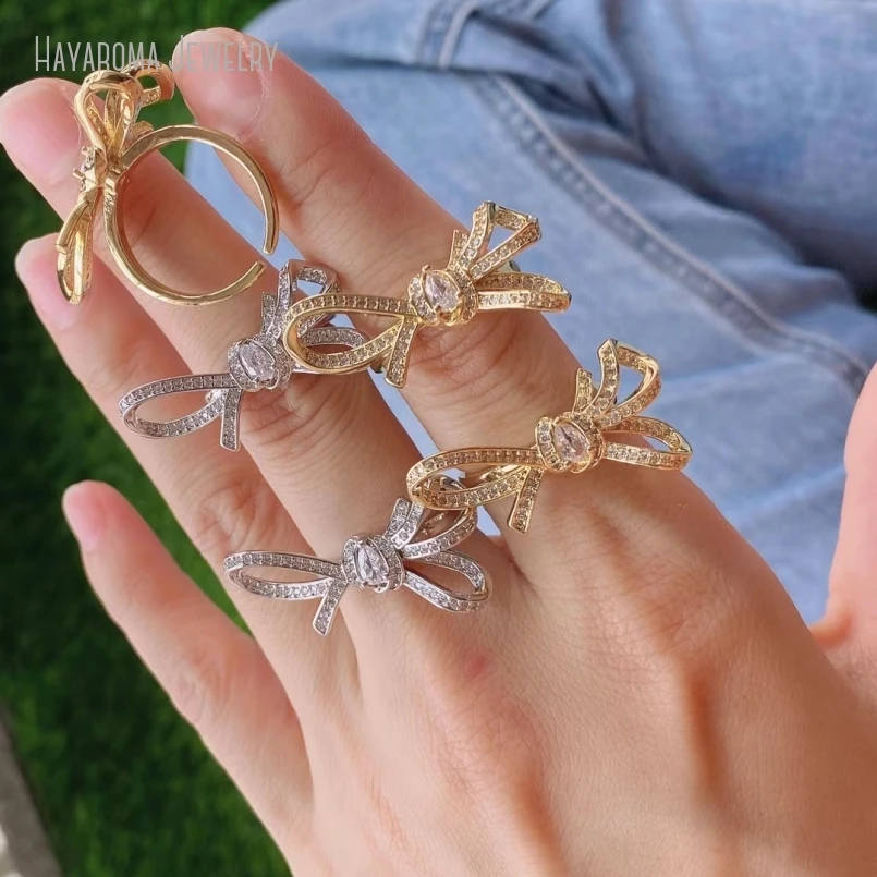 

2Pcs Wholesale Gold Silver Color Cubic Zirconia Metal Copper Bowknot Invisible Setting Ring RM40311