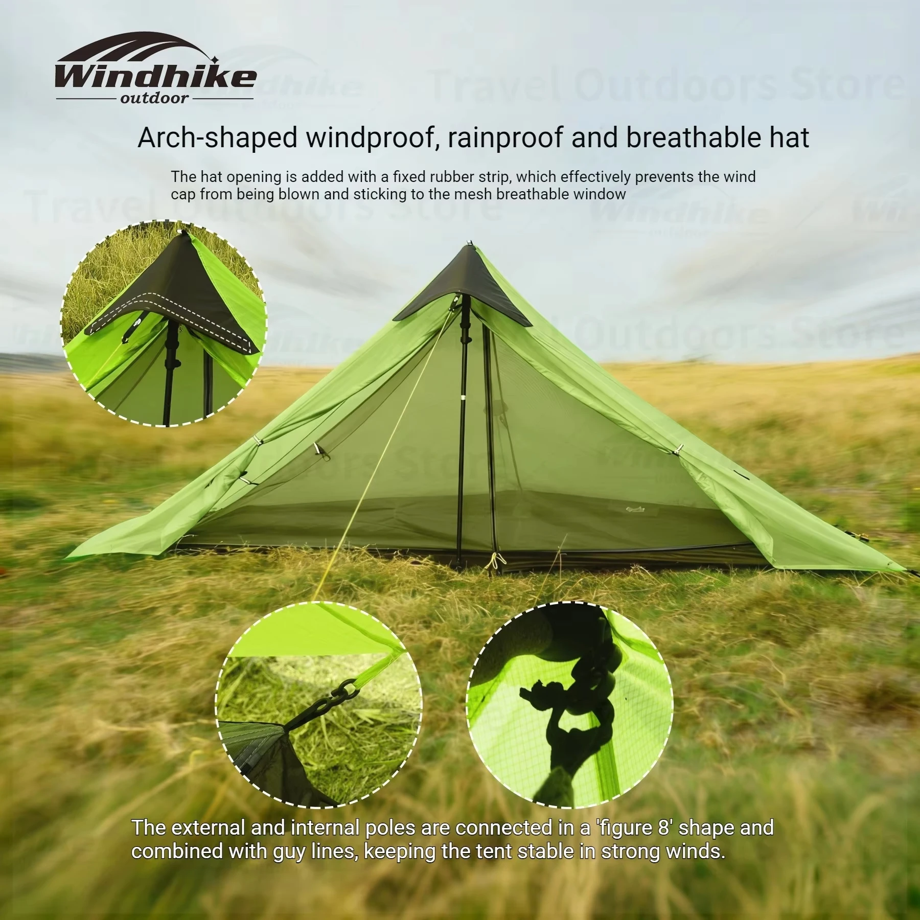 Tente de randonnée individuelle ultralégère sans poteaux Windhike Professional, nylon 15D, 3 saisons, imperméable PU5000mm, pour l'alpinisme professionnel en plein air