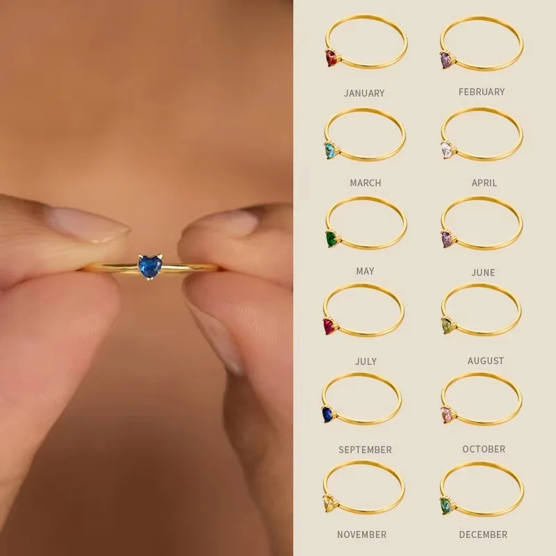 CARLIDANA Birthstone Rings for Women Birthday Gifts Jewelry Gold Plated Stainless Steel Rings Months Peach Heart Zircon Rings
