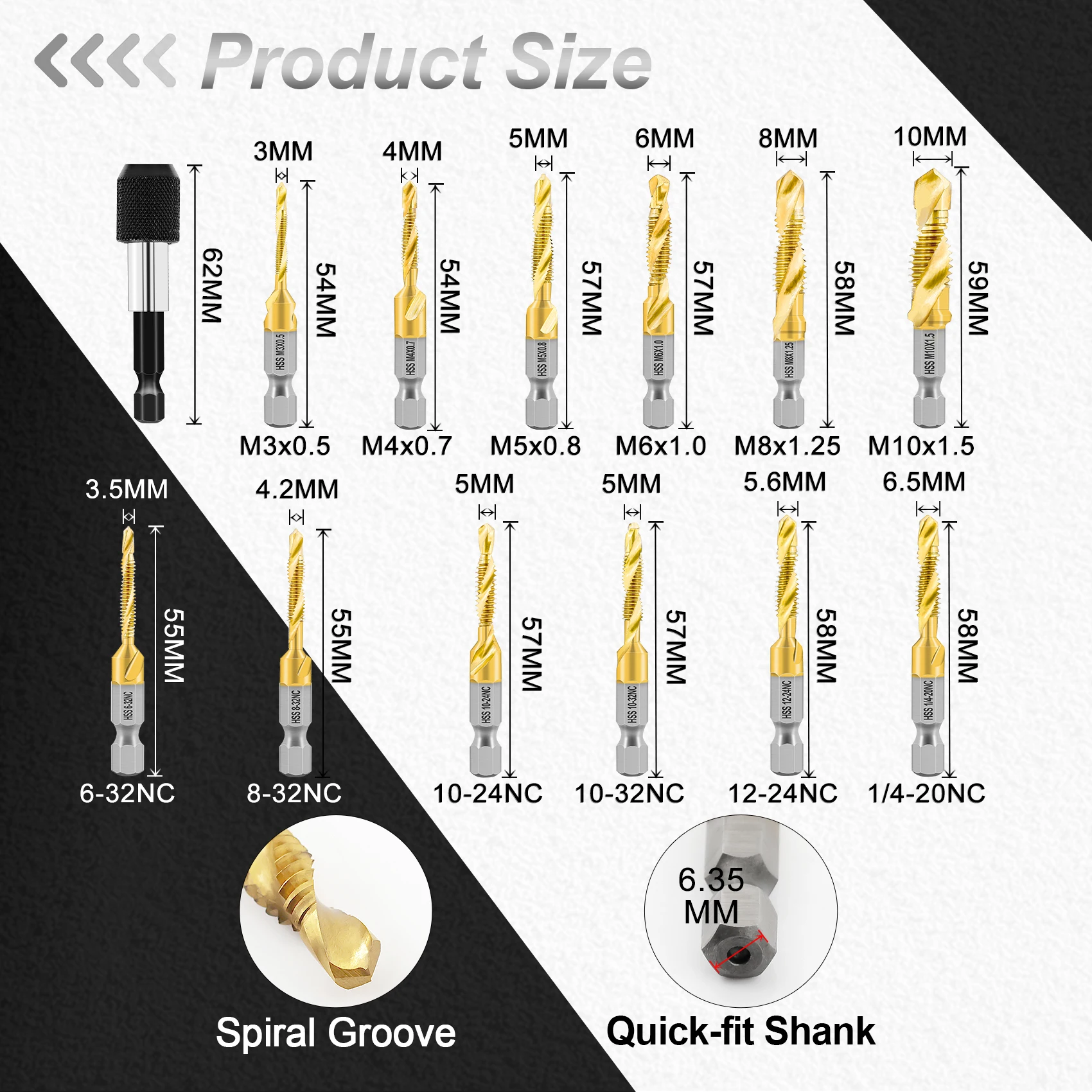 FOCSTOL 13pcs Tap Drill Bit Set Hex Shank HSS Composite Tap Drilling Tapping Chamfering Countersinking Iron Aluminum Copper