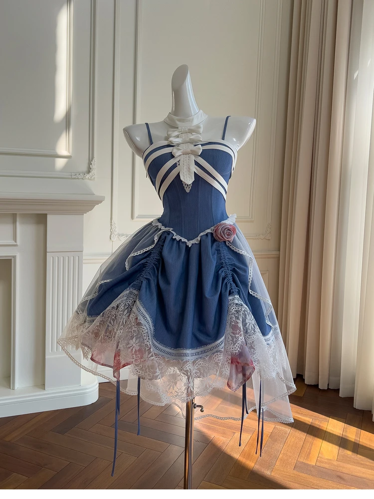 

Lolita Gothic Sle Denim Blue Original Flride Wind Knot Hanging Ne Retro Miss Dr Women's Dr Skirt