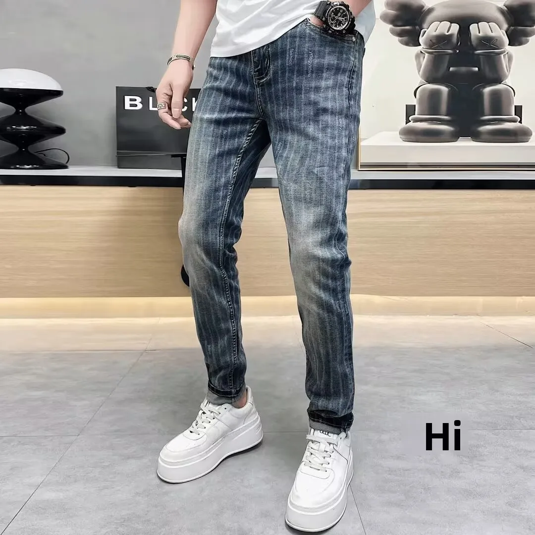 

Men's Slim Fit Striped Print Elastic Denim Jeans Fashionable Spring Summer Casual Cotton Stretch Fabric mid Waist Zipper