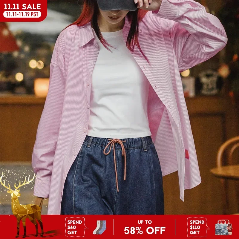 

Maden женская весенняя повседневная рубашка в розовую и белую полоску с вырезами, большая отпускная блузка с длинными рукавами, однобортная рубашка