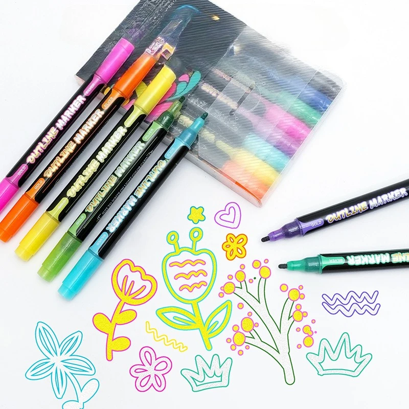 8/12color Double-head Double-line Contour Pen Quick-drying Non-fading Children Painting Graffiti Handbook Decoration DIY Design