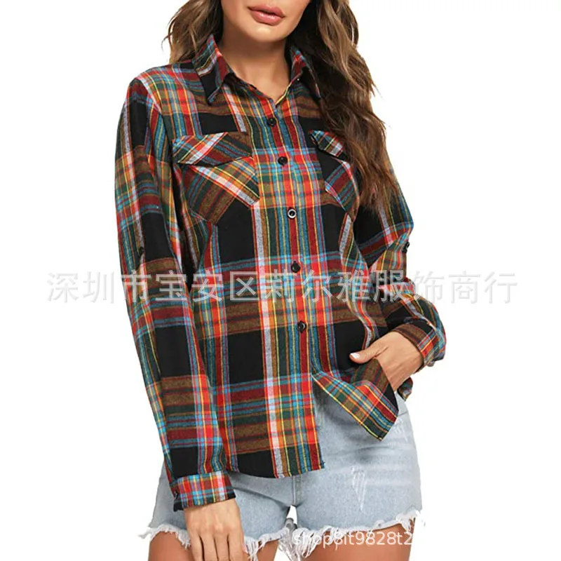 Women's Plaid Shirt Long Sleeve Pink Button Lapel Versatile Black Casual Tops Street College Style Fashion Blouses
