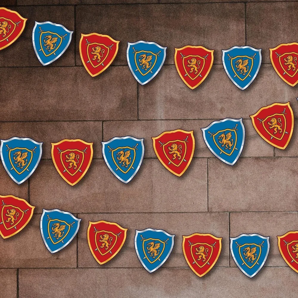 Guirnalda de Papel de Fantasía Medieval para Decoración de Fiesta de Cumpleaños de Caballeros, con Escudos, Dragones y Castillos
