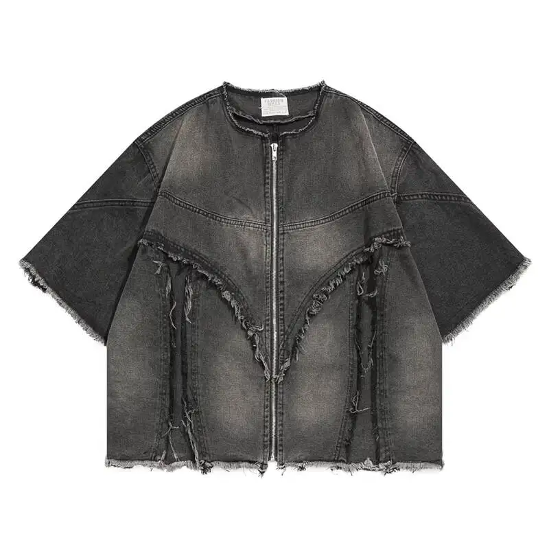

2026 Summer New Men's American Retro Washed Tie-dye Distressed Fringed Denim Jacket Short Padded Shoulder Streetwear Casual Top