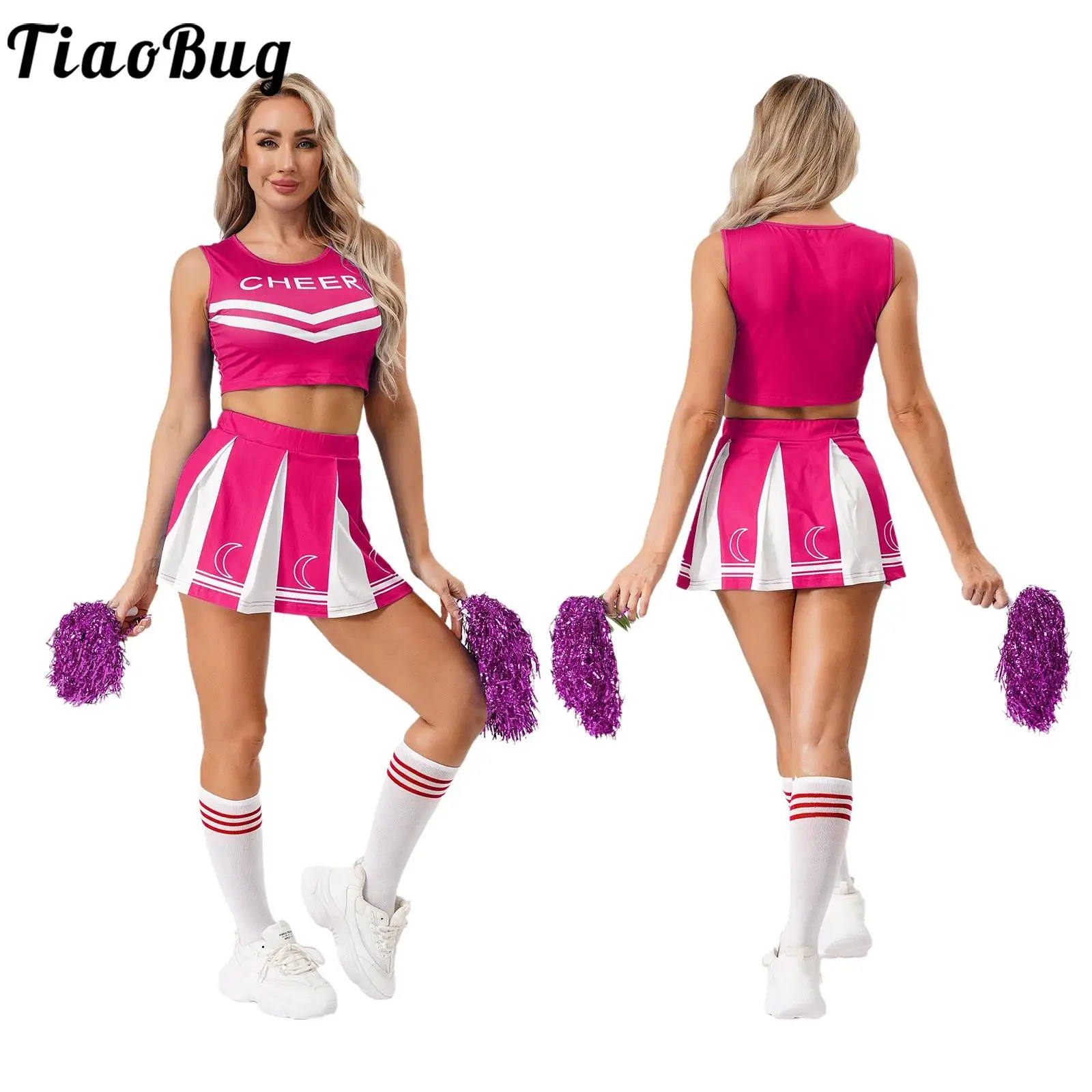 

Women Cheerleading Uniform Cheer Cosplay Costume Set Sleeveless Crop Top Skirt Stockings and Pom Poms Set for Match Performance